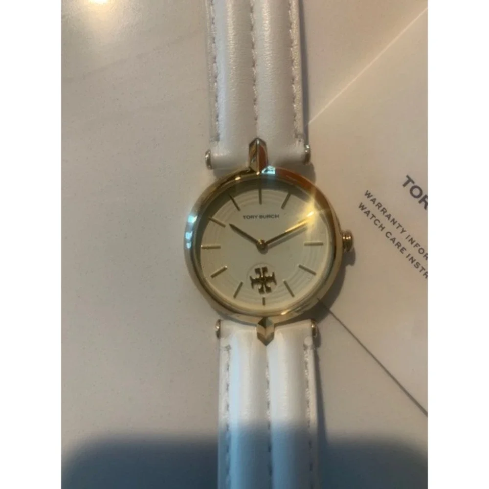 Tory Burch TBW2040 Gold Tone White Leather Band‎ Logo Dial Women's Watch NIB